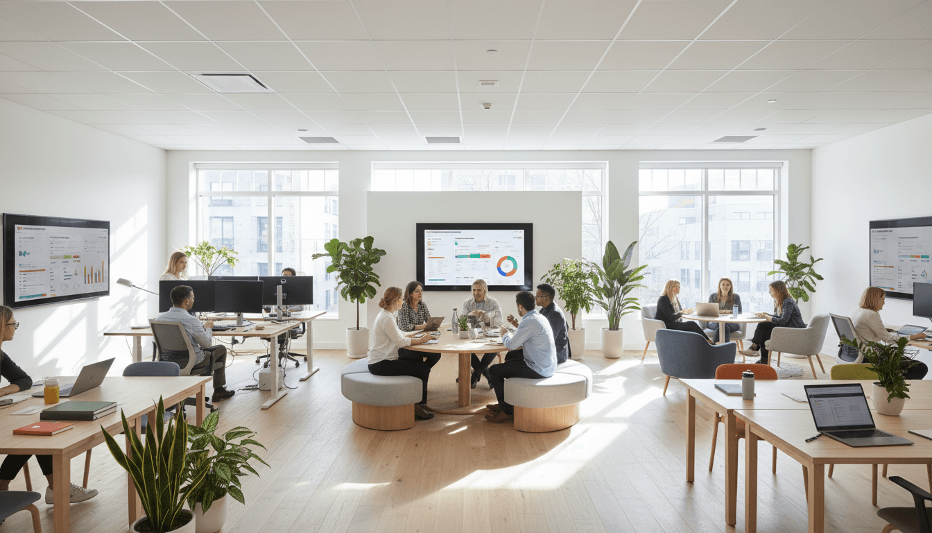 Digital marketing agency office with analytics screens